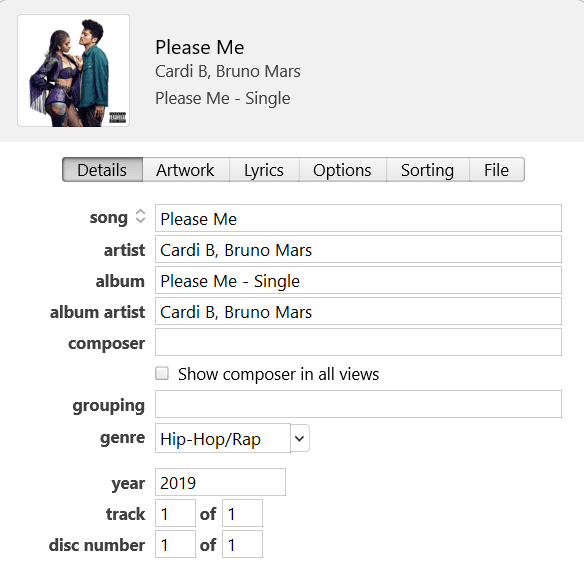 iTunes tab showing metadata